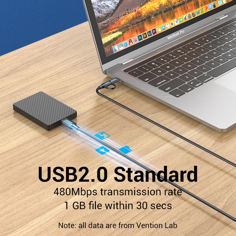 VENTION 3A micro-USB and USB-C cable connected to a laptop for fast data transfer