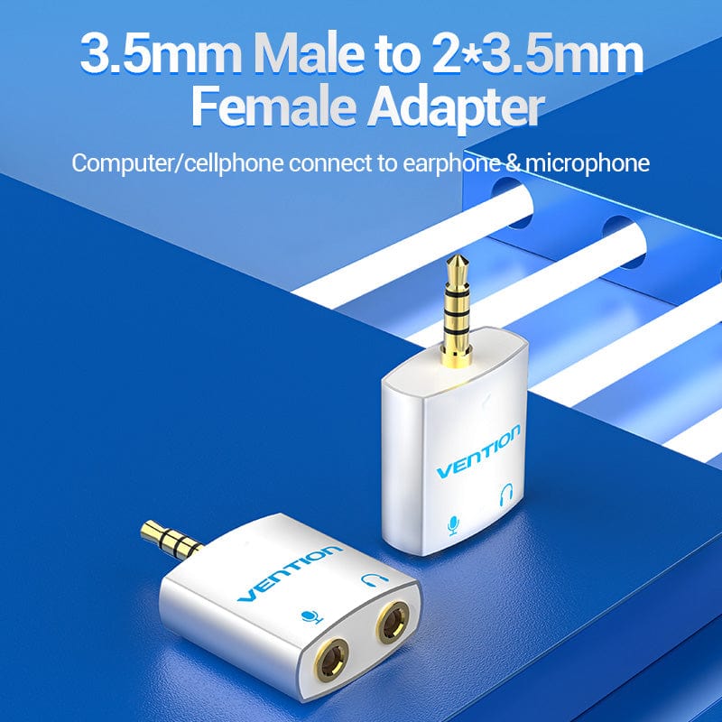 VENTION 4 Pole 3.5mm Male to 2*3.5mm Female Audio Adapter Silvery Metal Type