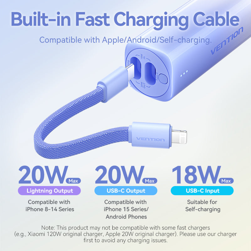 VENTION 5000mAh power bank with built-in fast charging cable and multiple output options for smartphones