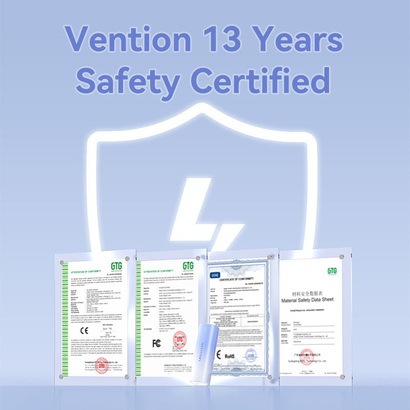 VENTION 5000mAh power bank safety certification documents showcasing 13 years of reliability
