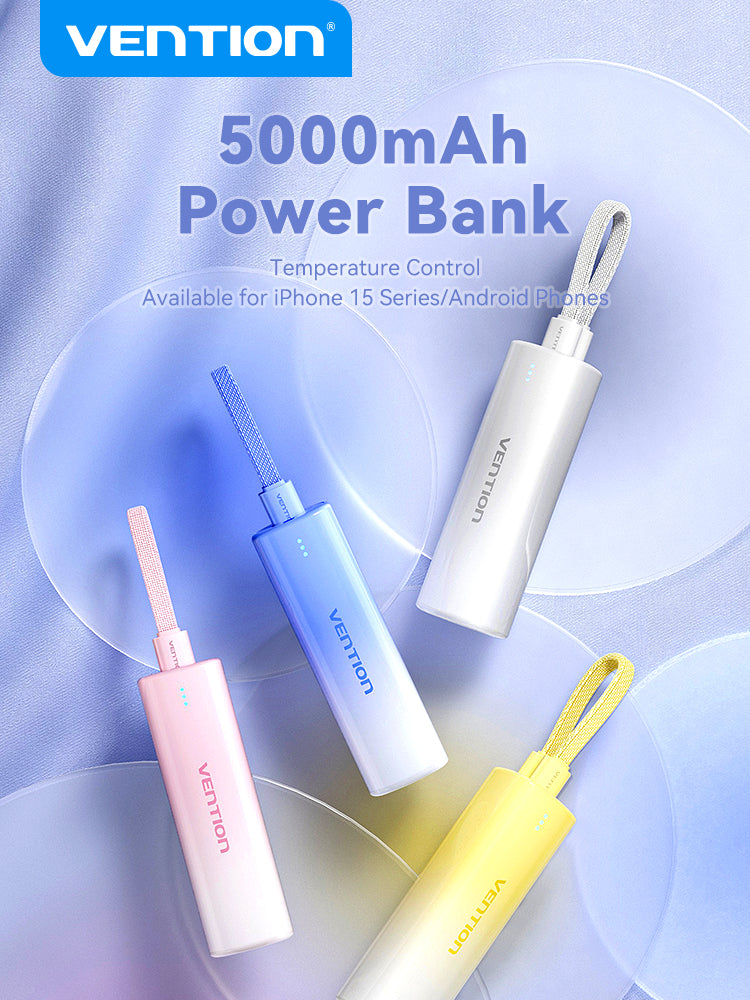 VENTION 5000mAh power bank in assorted pastel colors with temperature control feature