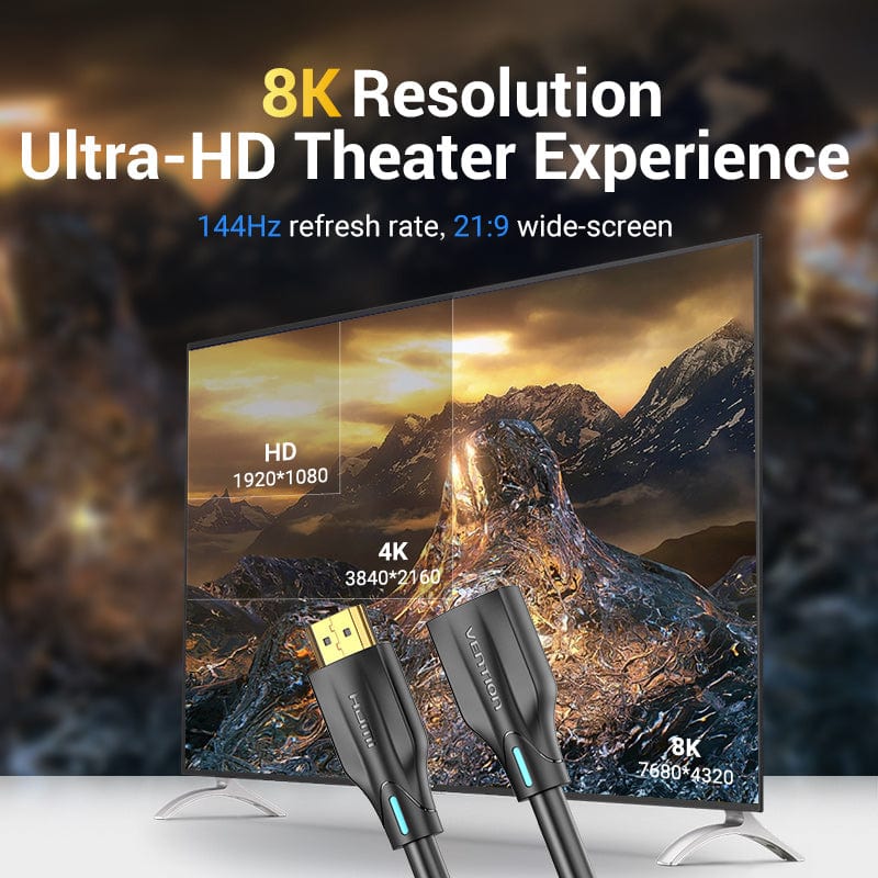 VENTION 8K HDMI extension cable with ultra HD theater experience supporting 144Hz refresh rate and 21:9 widescreen