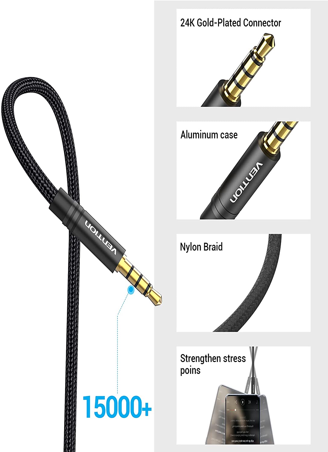 VENTION AUX 3.5mm audio extension cable with 24K gold-plated connector and nylon braid for durability
