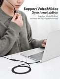 VENTION AUX 3.5mm audio extension cable connecting headphones to a laptop for clear audio and video synchronization