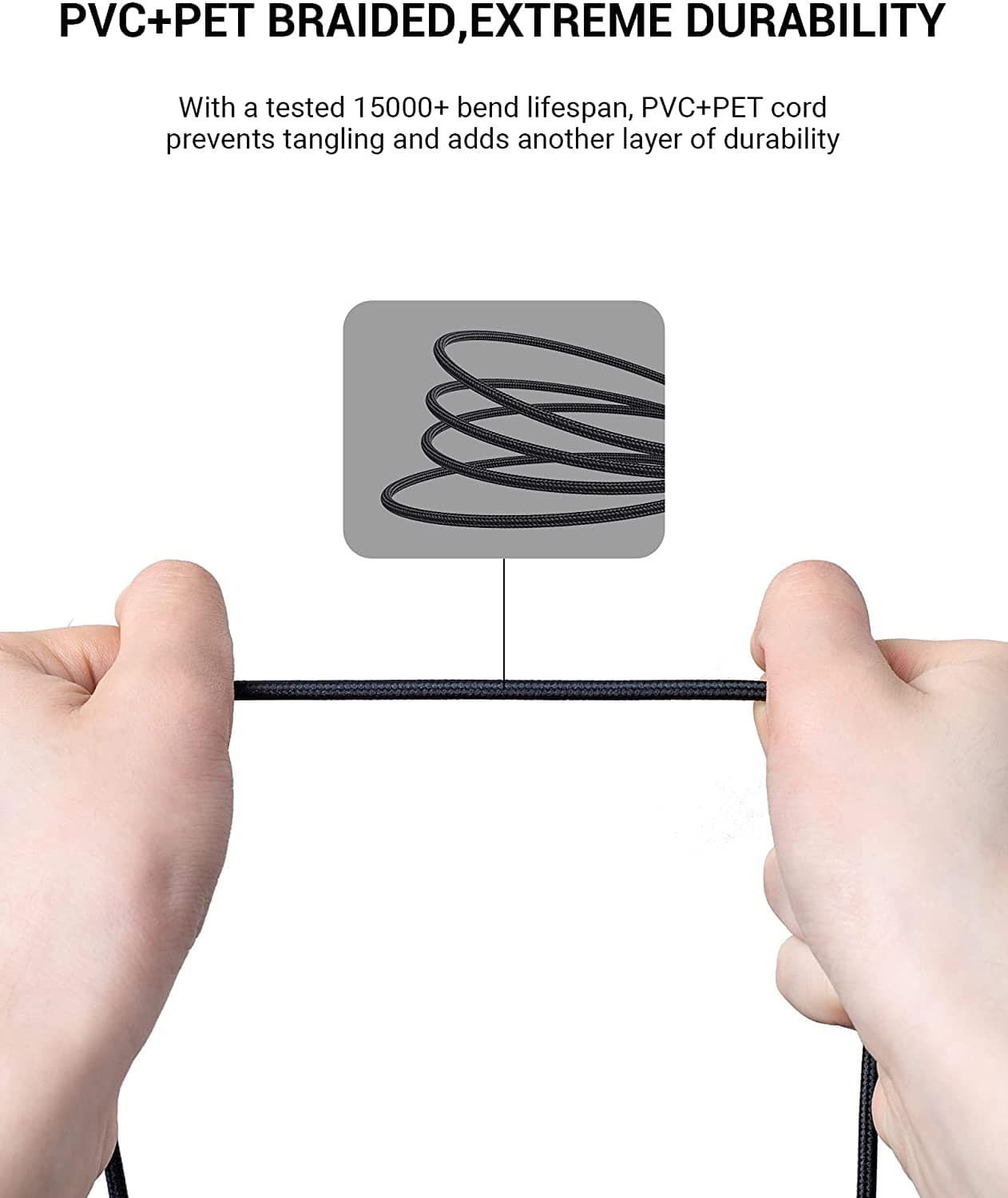 Black VENTION AUX 3.5mm audio extension cable with durable braided design to prevent tangling