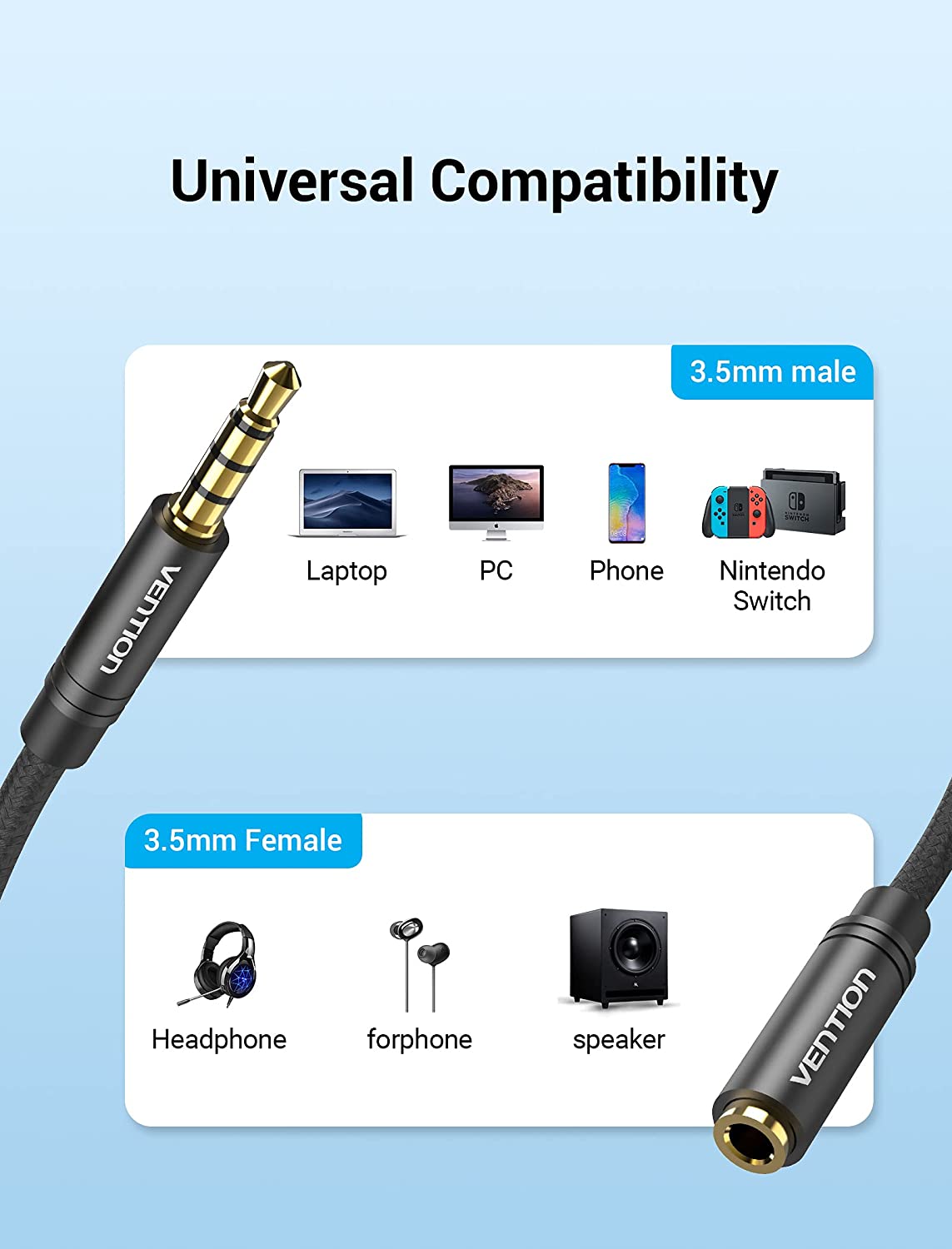 VENTION AUX 3.5mm audio extension cable for universal compatibility with laptops and speakers