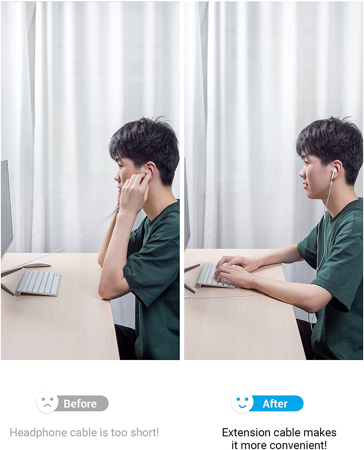 Side-by-side image showing a user with a short headphone cable and using an AUX 3.5mm audio extension cable for convenience