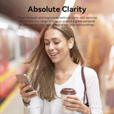 Young woman using VENTION Bluetooth 5.3 Earbuds while holding a coffee and smartphone in a transit setting