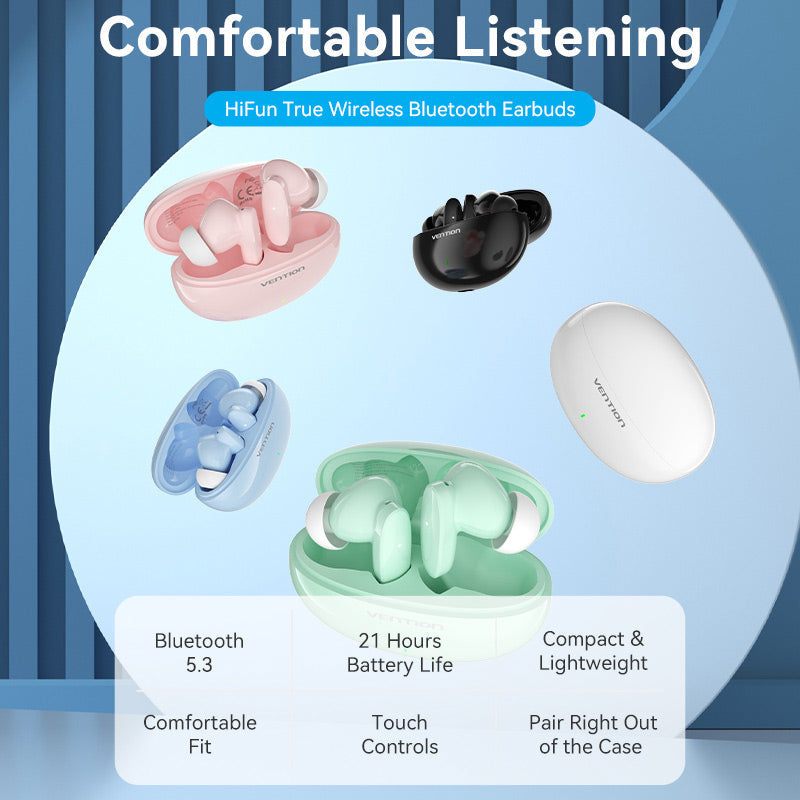 VENTION Bluetooth 5.3 Earbuds in various colors with charging case and features for comfortable listening