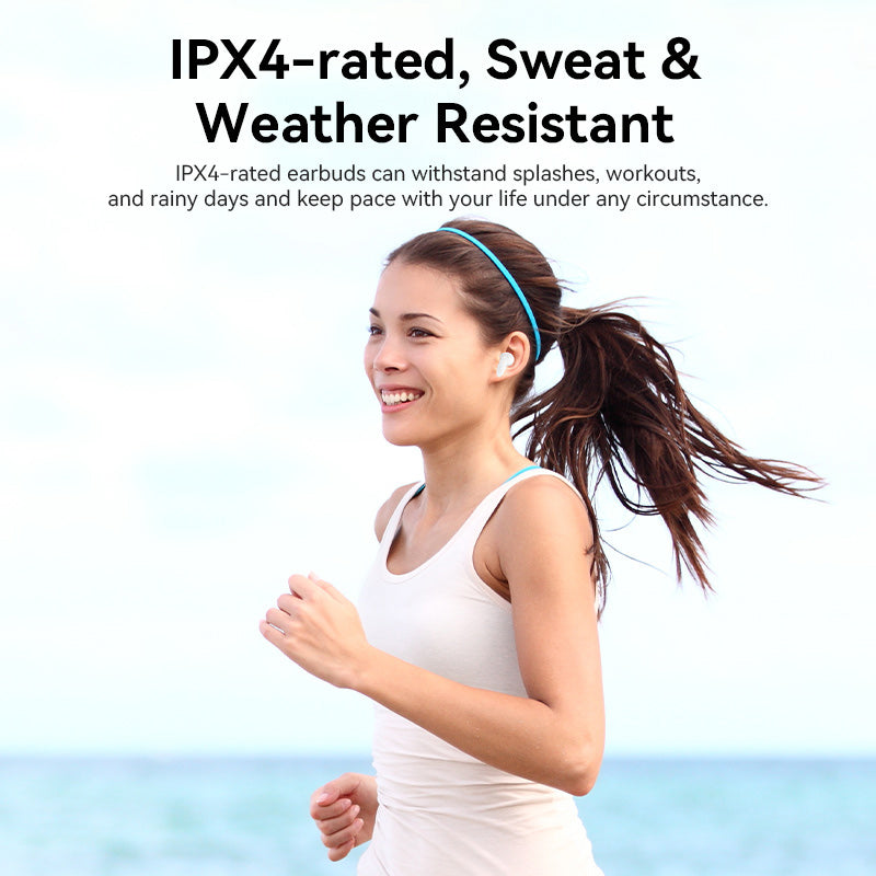 Woman jogging wearing VENTION Bluetooth 5.3 Earbuds, IPX4-rated for sweat and weather resistance