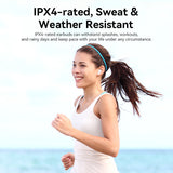 Woman jogging wearing VENTION Bluetooth 5.3 Earbuds, IPX4-rated for sweat and weather resistance