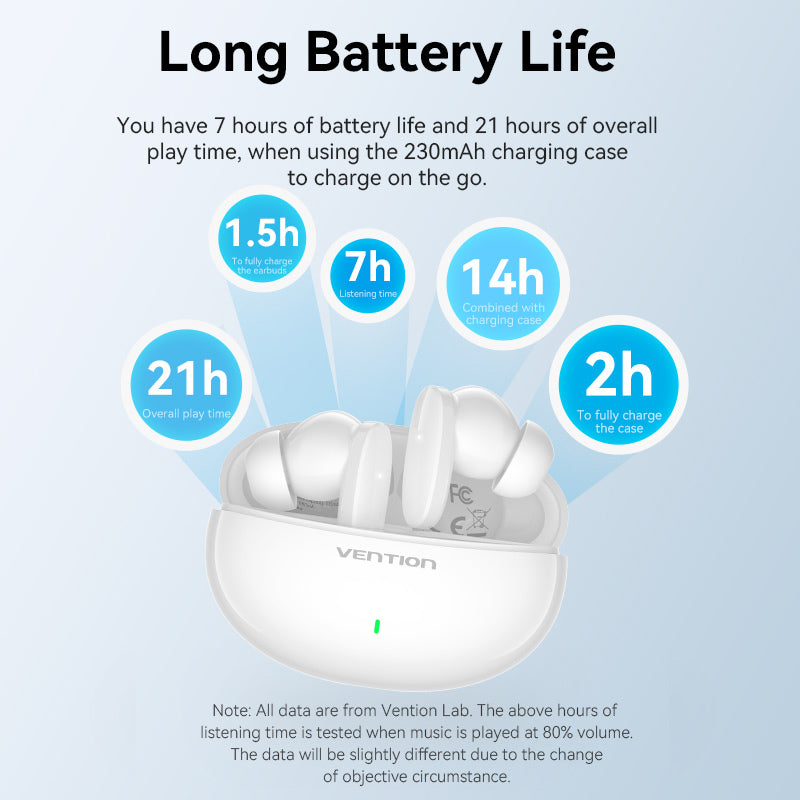 VENTION Bluetooth 5.3 Earbuds in charging case with long battery life features highlighted