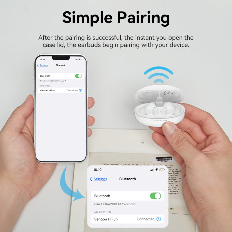 VENTION Bluetooth 5.3 Earbuds being paired with a smartphone, showcasing easy connection process