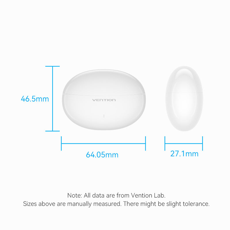VENTION Bluetooth 5.3 Earbuds with a compact charging case featuring precise dimensions