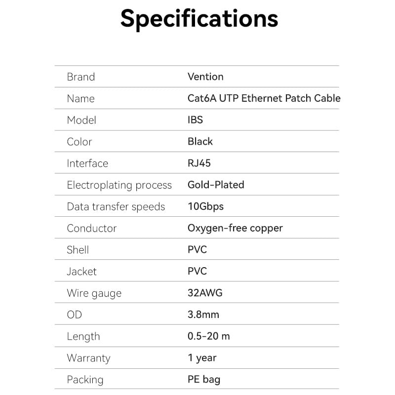 VENTION Cat 6A Ethernet Cable in Black with Gold-Plated Connectors for 10Gbps Data Transfer