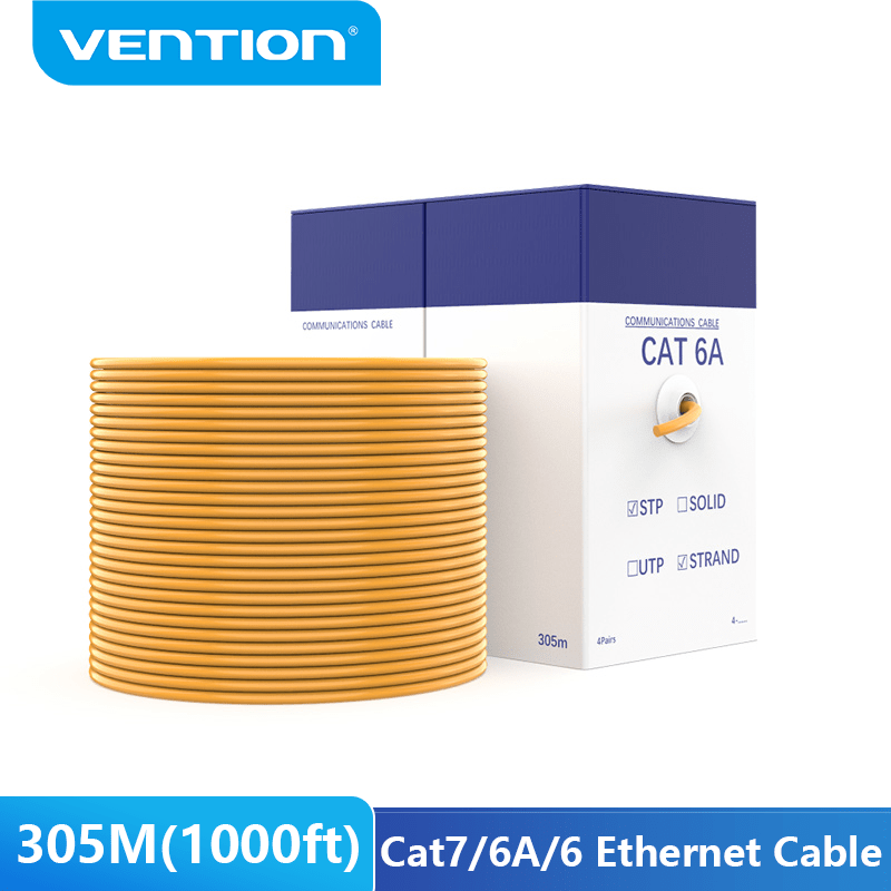 VENTION Cat 6A SFTP Industrial Ethernet Cable in yellow, packaged in a 305M box for reliable connectivity