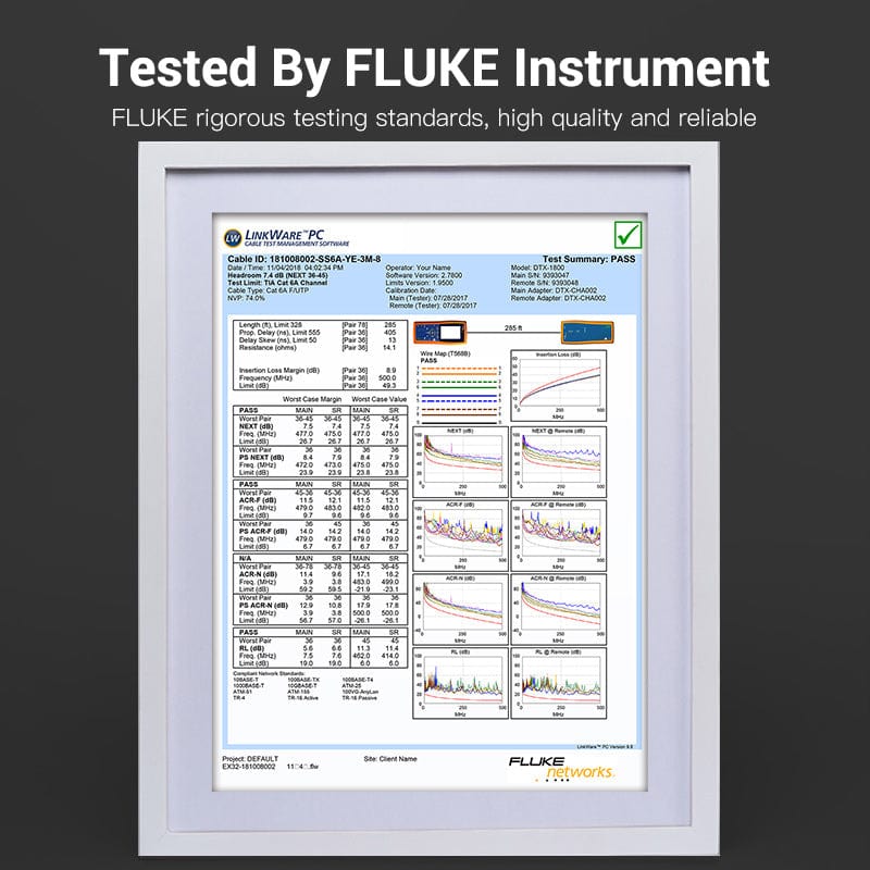 Test report for VENTION Cat 6A SFTP Industrial Ethernet Cable, demonstrating high quality and reliability by FLUKE