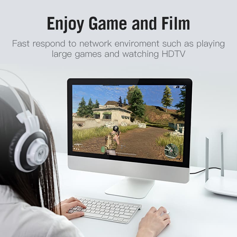 Vention Cat 7 SFTP Ethernet cable connecting to a computer for fast gaming and HD streaming