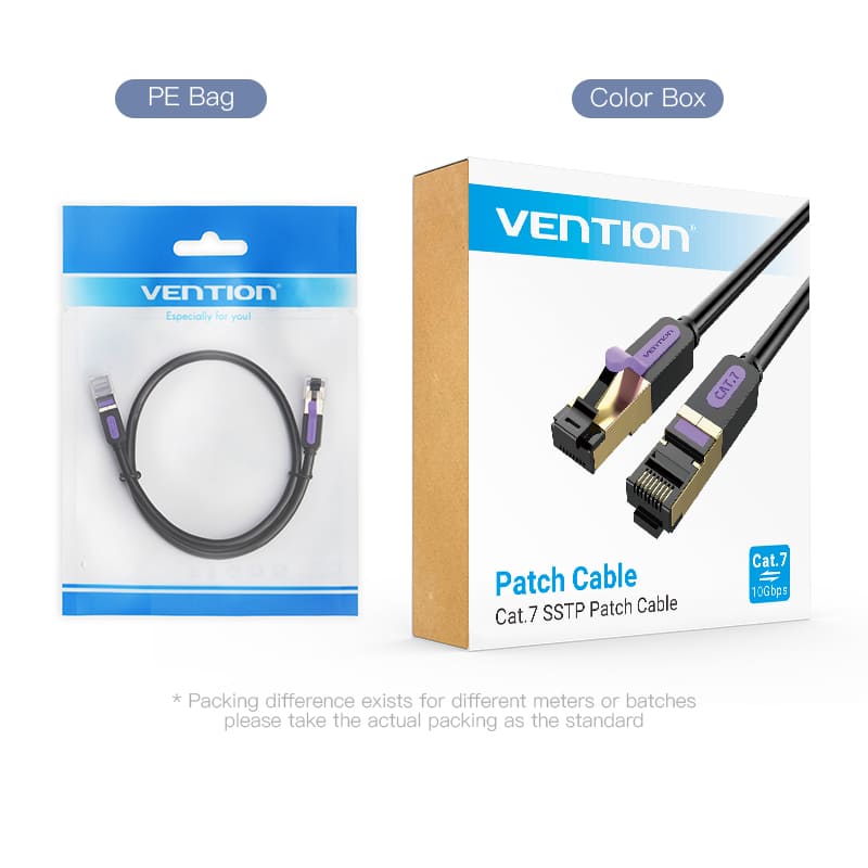 Vention Cat 7 SFTP Ethernet cable in PE bag with color box packaging for high-speed connectivity