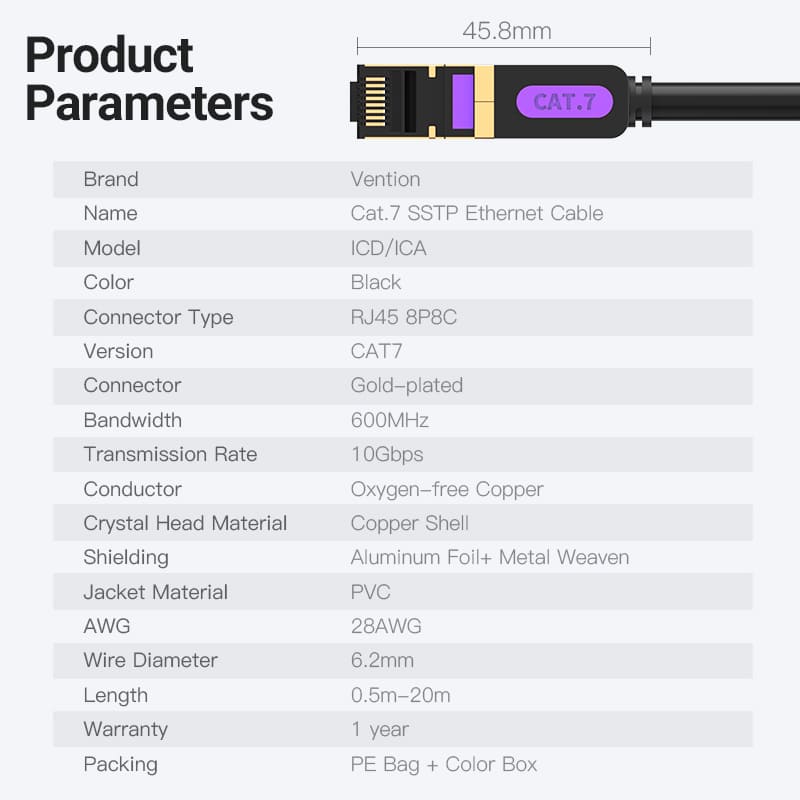 Vention Cat 7 SFTP Ethernet cable with high-speed 10Gbps data transmission and durable copper construction