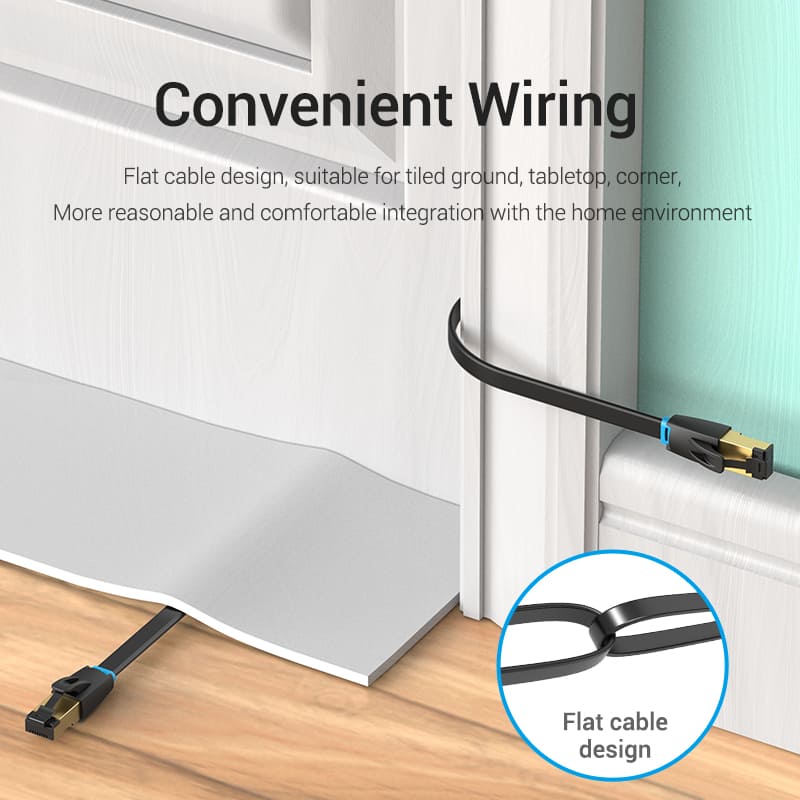 VENTION Cat 8 Flat Ethernet Cable designed for convenient wiring under doors and furniture.