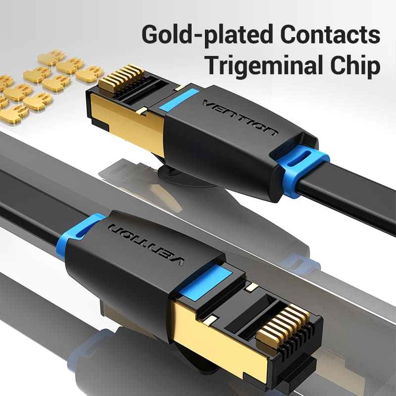 VENTION Cat 8 Flat Ethernet Cable with gold-plated contacts and Trigeminal chip for high-speed connections