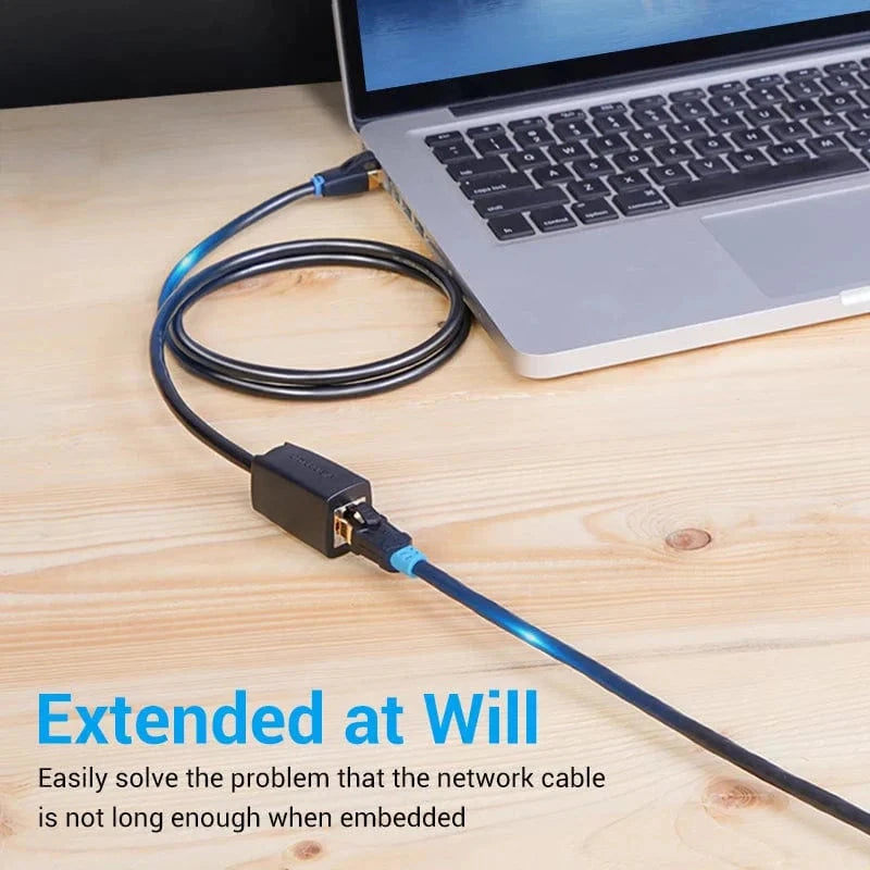 Vention Cat 8 SFTP Ethernet extension cable connected to a laptop for enhanced network reach