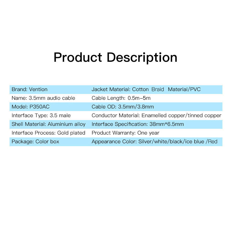 Vention cotton braided AUX audio cable 3.5mm male with durable PVC and aluminum alloy connectors