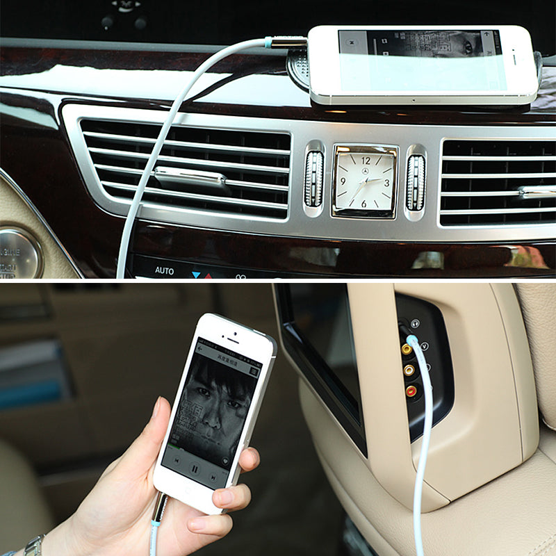 VENTION cotton braided AUX audio cable connected to a phone and car audio system