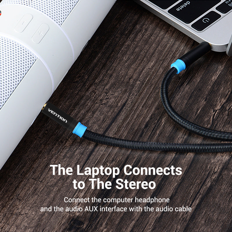 Vention cotton braided AUX audio cable connecting laptop to stereo for high-quality sound