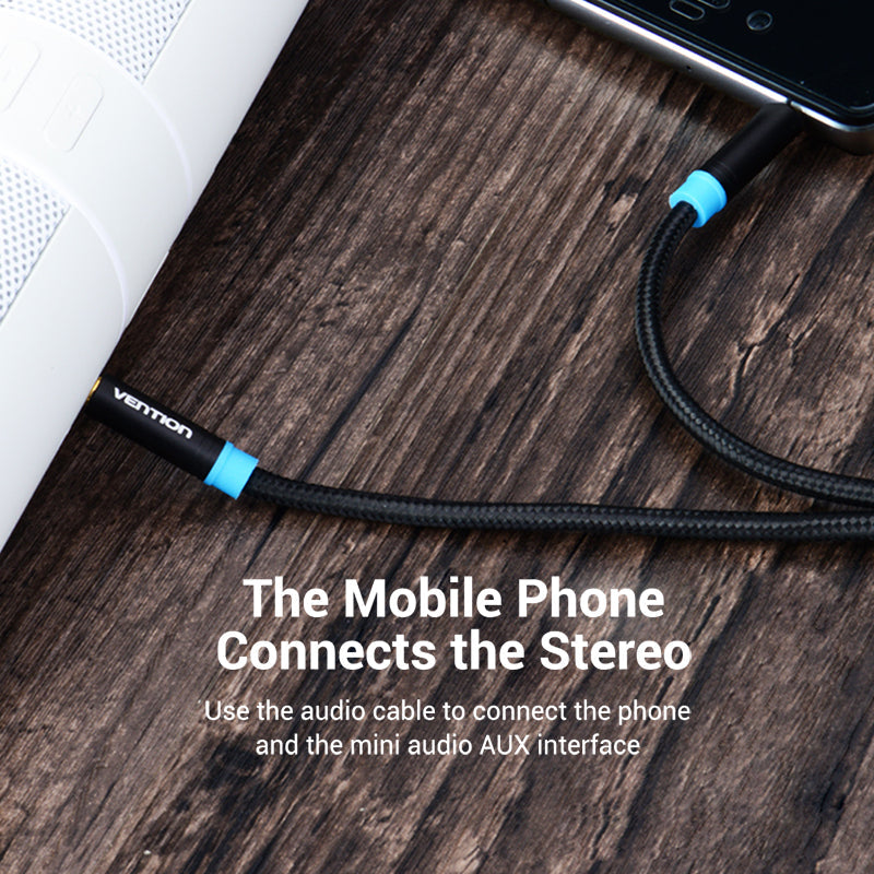 Vention cotton braided AUX audio cable connecting mobile phone to stereo with durable design