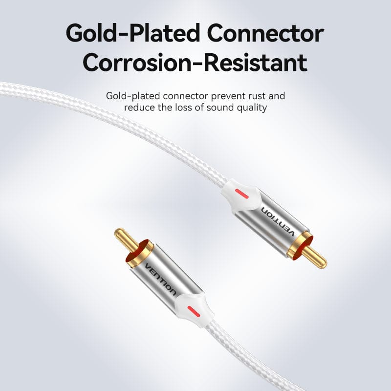 VENTION cotton braided RCA cable with gold-plated connectors for reduced sound loss and corrosion resistance