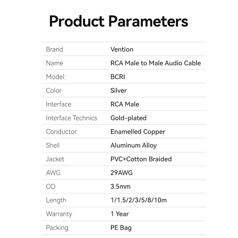 VENTION cotton braided RCA cable in silver color with gold-plated connectors for audio devices