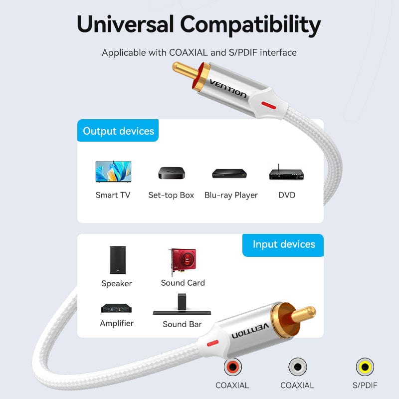VENTION cotton braided RCA cable designed for universal compatibility with various audio devices