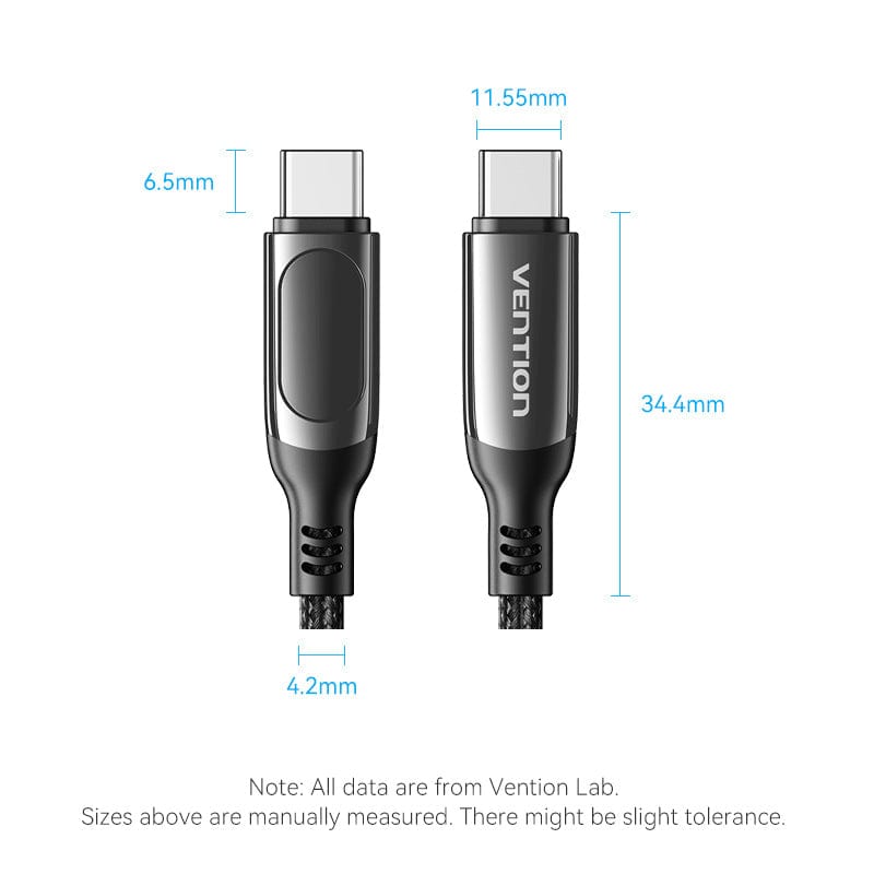 VENTION Cotton Braided USB 2.0 C Male to C Male 5A Cable With LED Display Zinc Alloy Type