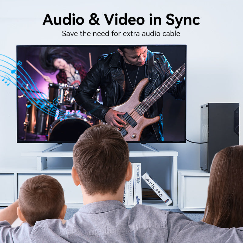 Family enjoying a performance on TV connected with VENTION display port to HDMI cable for audio and video sync