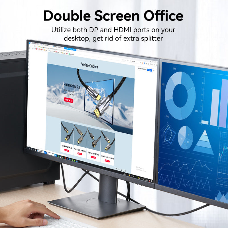VENTION display port to HDMI cable connecting dual monitors in an office setup for enhanced productivity