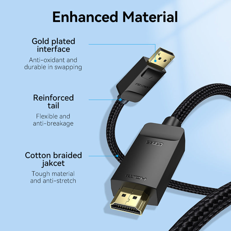 VENTION display port to HDMI cable featuring gold plated interface and durable cotton braided jacket
