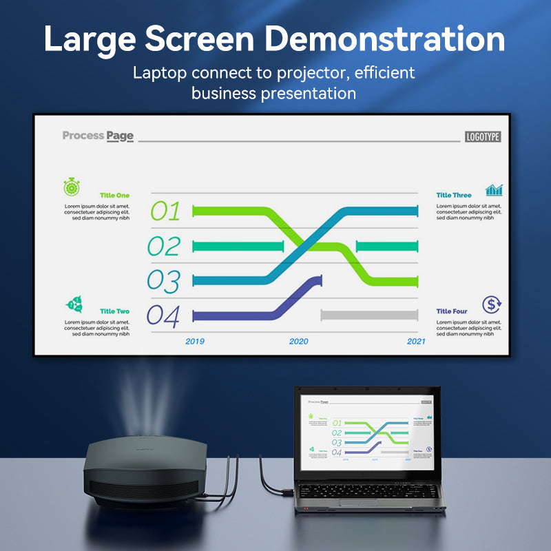 Laptop connected to projector using VENTION display port to HDMI cable for a business presentation