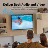 Vention DisplayPort to HDMI cable connecting a computer to a TV, delivering audio and video seamlessly