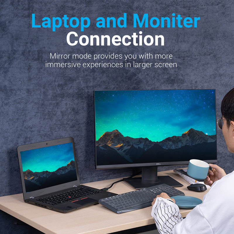 Vention DisplayPort to HDMI cable connecting laptop to monitor for enhanced viewing experience