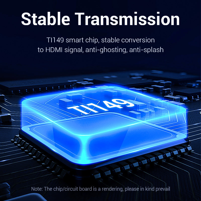Close-up of TI149 smart chip for stable transmission in DisplayPort to HDMI cable