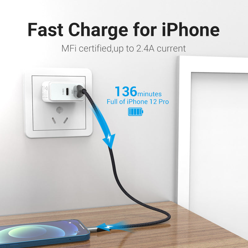 VENTION Durable Lightning cable for iPhone providing fast charging capabilities up to 2.4A.