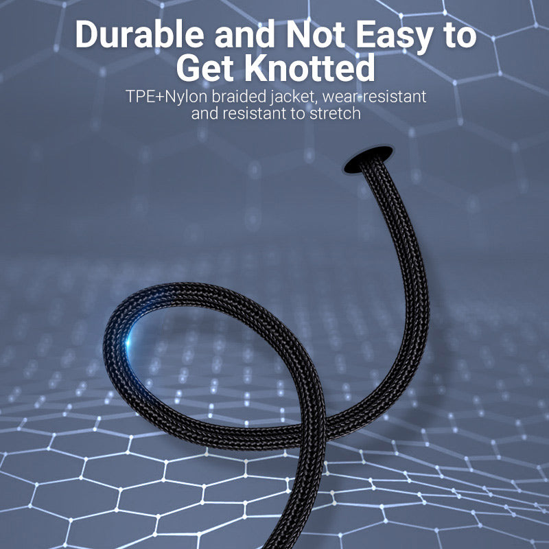 Durable Lightning cable for iPhone with TPE and nylon braided jacket resistant to wear and knots