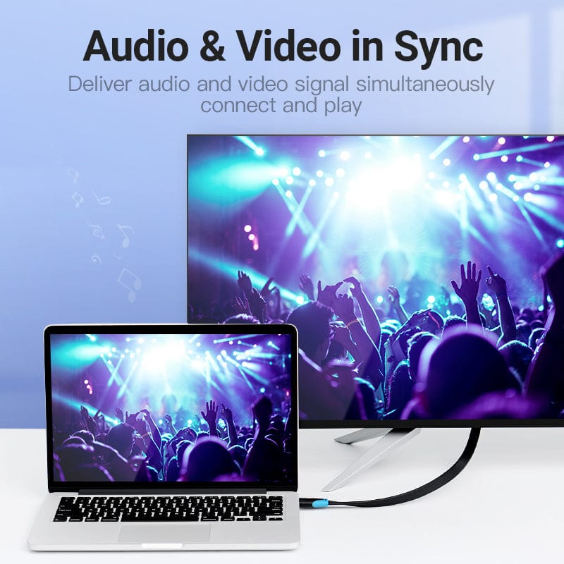 VENTION Flat HDMI Cable connecting a laptop to a TV for synchronized audio and video playback