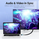 VENTION Flat HDMI Cable connecting a laptop to a TV for synchronized audio and video playback