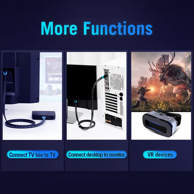 VENTION Flat HDMI Cable connecting TV box to TV and desktop to monitor for enhanced multimedia experiences