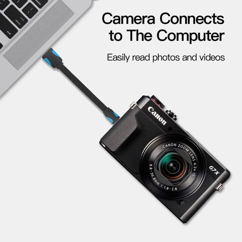VENTION flat USB to mini cable connecting a Canon camera to a laptop for photo transfer