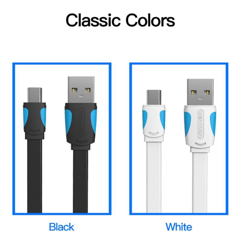 VENTION flat USB to mini cable available in black and white colors with durable design