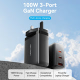 VENTION GaN USB charger 100W with three ports for fast charging multiple devices efficiently